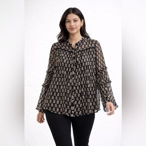 Maison Hotel Black Cream Floral Blouse Size S Boho Sheer Button Front Top